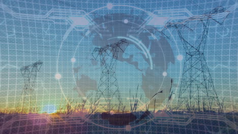 animation of globe over landscape with electricity pylons