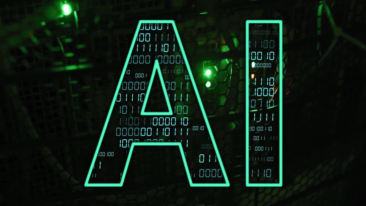 AI text with binary code animation over dark technological background