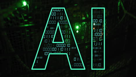 ai text mit binärcode-animation über dunklen technologischen hintergrund