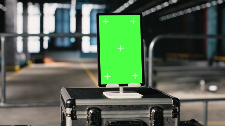 Display verticale con chroma key su tablet in un impianto di ingegneria vuoto