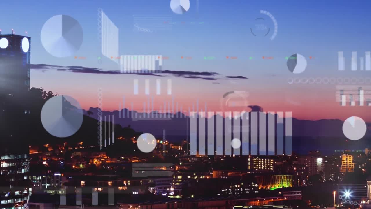 도시 풍경 위의 금융 데이터 처리 애니메이션