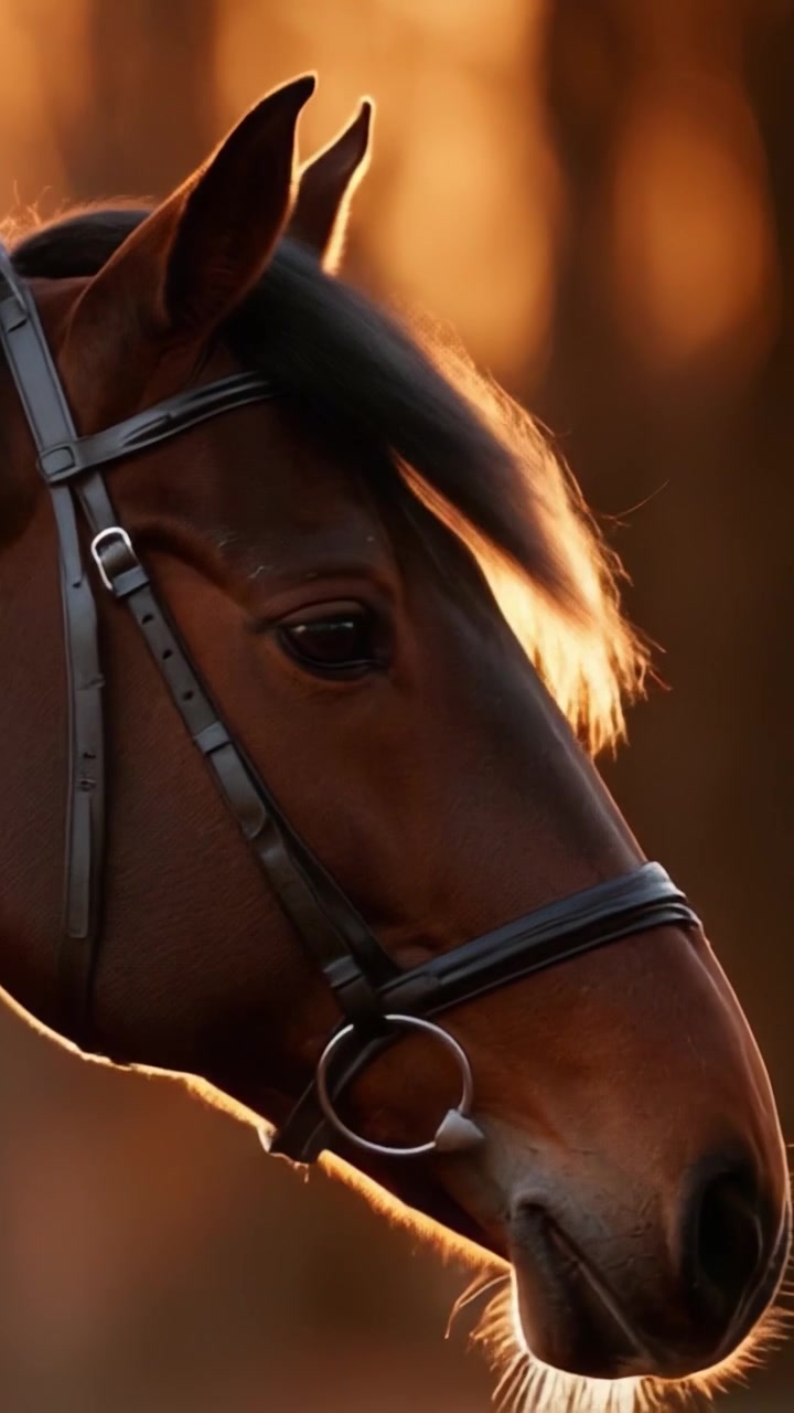 Ritratto Mozzafiato di un Cavallo Maestoso Avvolto dalla Luce Dorata del Tramonto, Che Cattura la Bellezza e la Grazia della Natura Equina su uno Sfondo Sereno