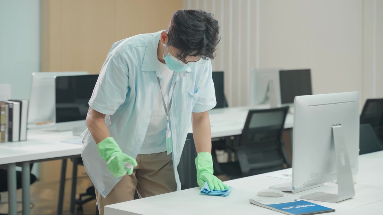 Empresário usando máscara facial e luva, aplicando spray higienizador de álcool em gel para limpar mesa de trabalho, computador, laptop e tablet no escritório, desinfetando itens de uso diário para reduzir infecções.