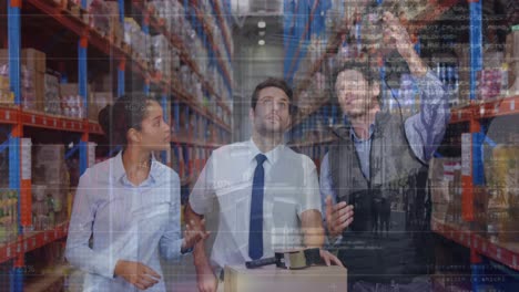 Composite-video-of-diverse-male-and-female-supervisor-discussing-at-warehouse-against-city-street