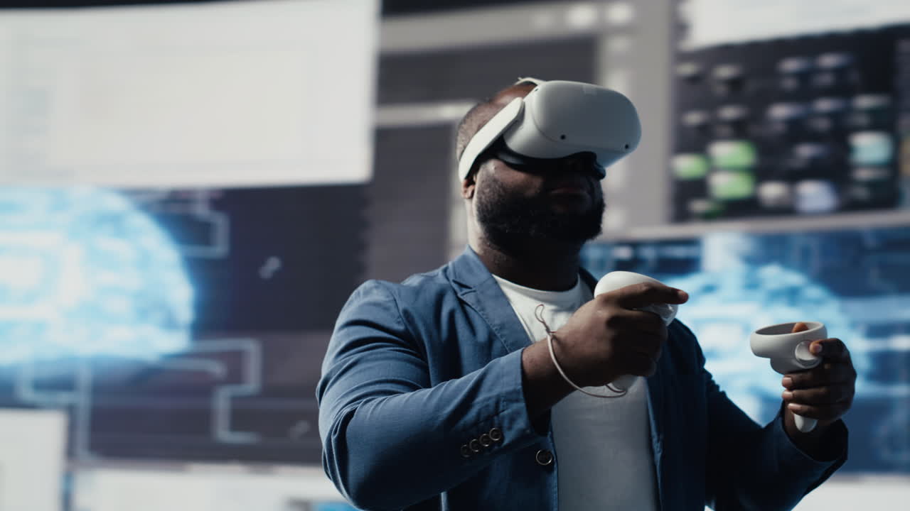 Digital tech expert coding and using VR headset at innovation hub