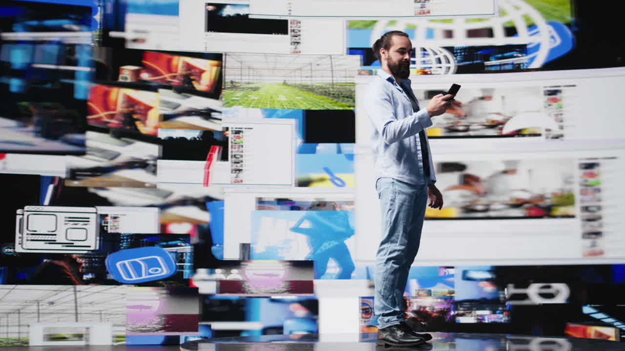 High tech lifestyle of a young guy scrolling through real time notifications