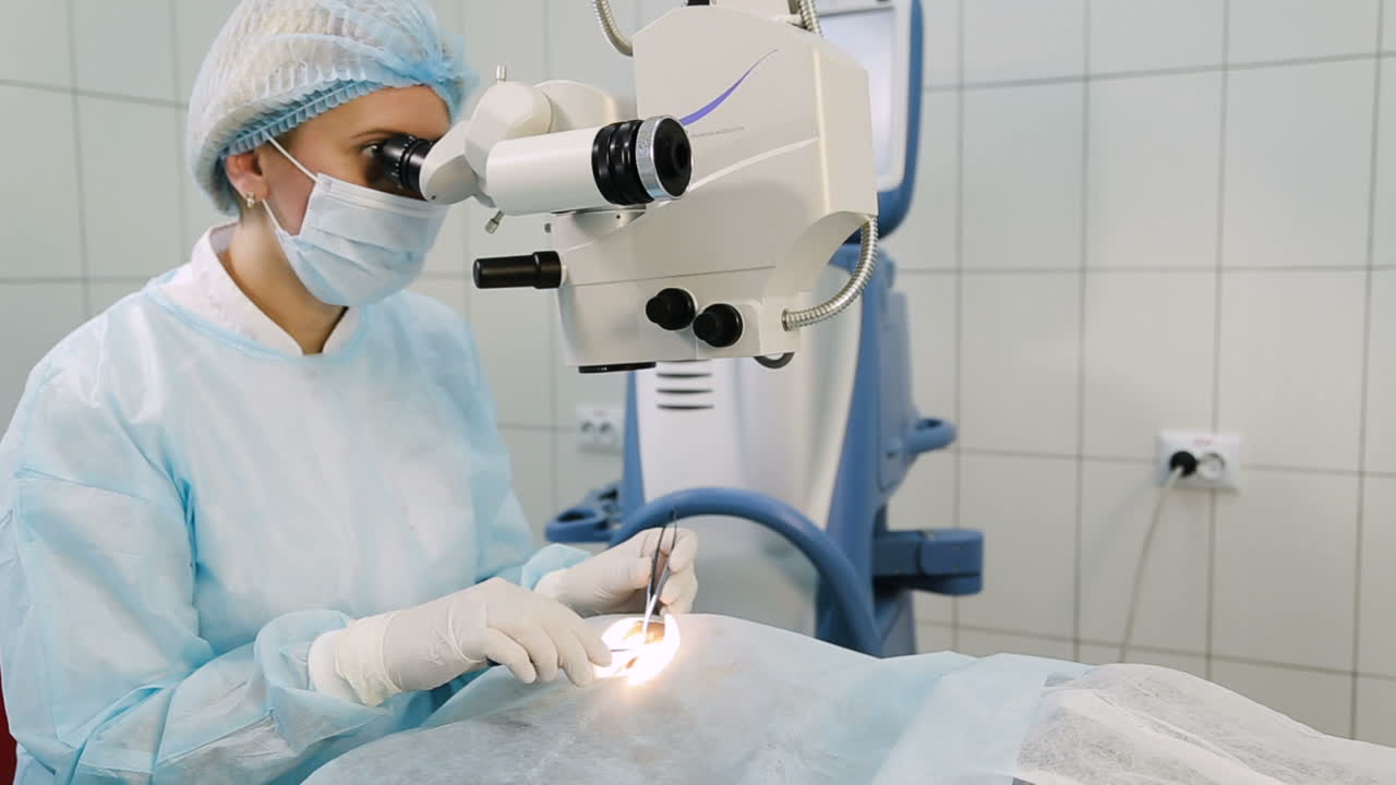 Laser vision correction. Patient lies on the operating surgical table during ophthalmology operation surger