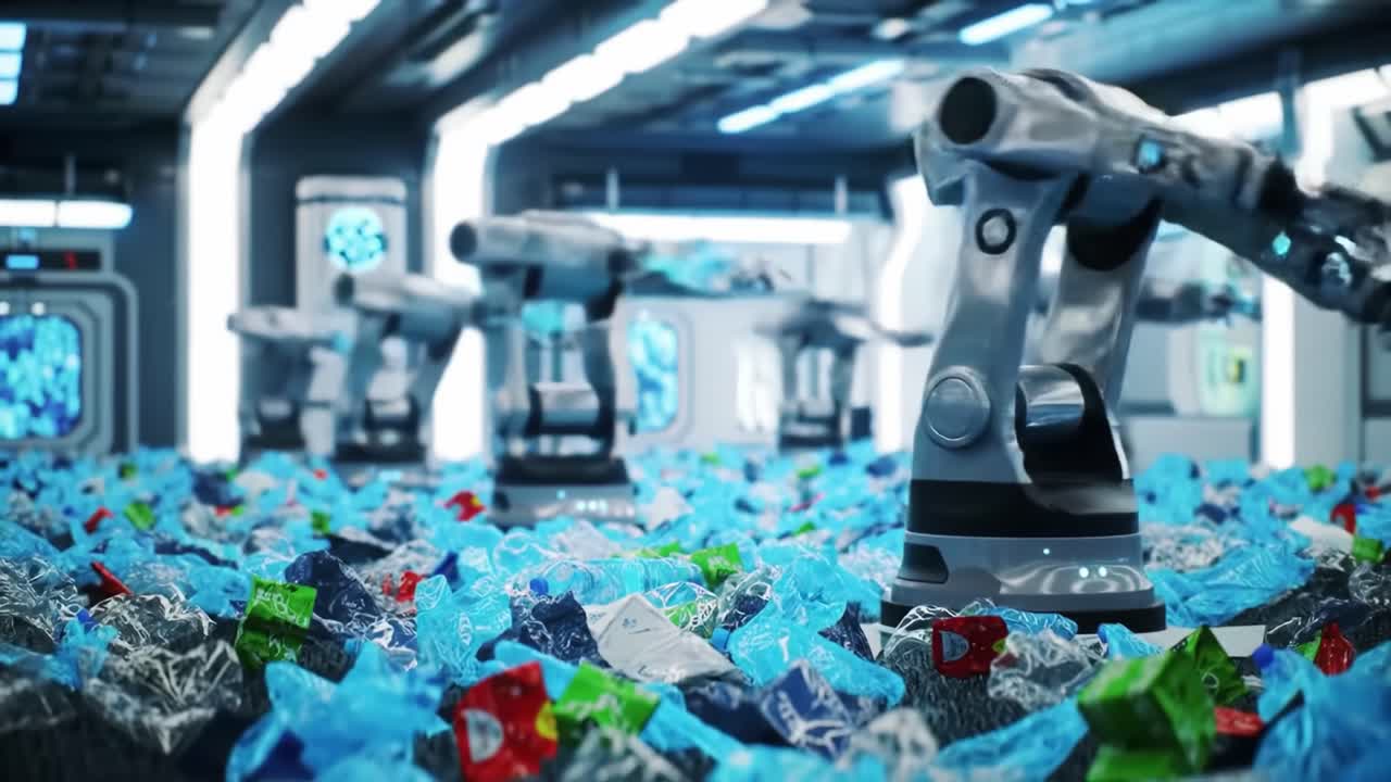 Automated machines efficiently sort through a multitude of plastic waste inside a modern recycling facility. Advanced robotics work tirelessly to separate materials for processing.