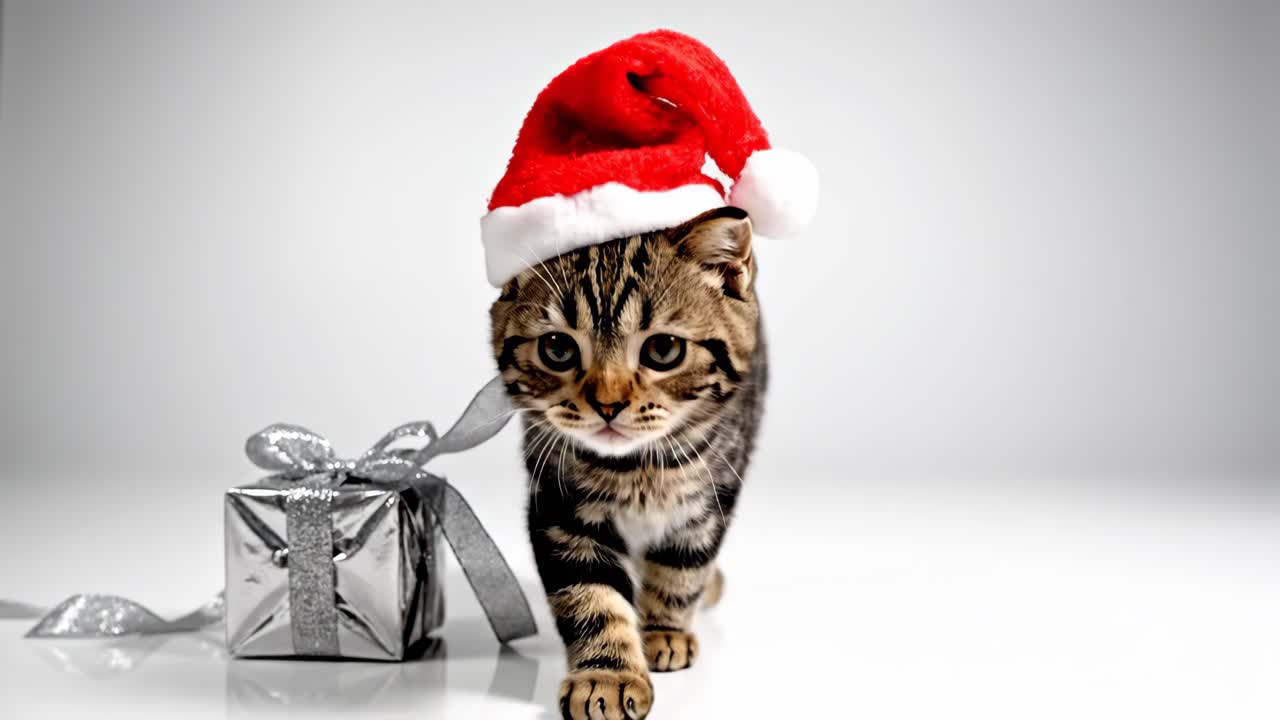 Kitten with Santa Hat and Christmas Present