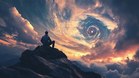 man contemplating a cosmic vortex