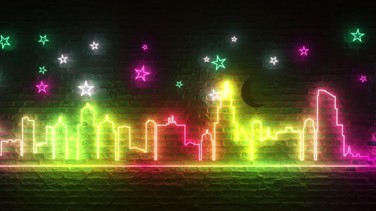 별과 달이 있는 벽돌 벽에 반이는 네온 나이트 시티, 나이트 시티 콘셉트, 원활한 루프 3d 렌더링