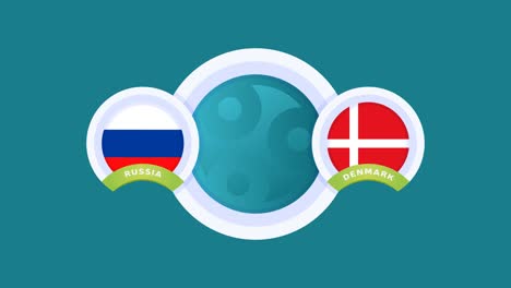 russia vs denmark match football video animation. football 2020 championship match national flag on pole versus teams intro sport background, competition 4k animation