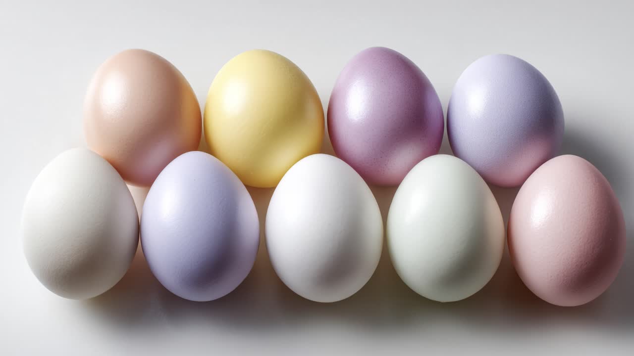 Un colorido arreglo de huevos pastel exhibidos en fila, mostrando varias tonalidades que incluyen rosa, amarillo, lavanda y crema para una estética visualmente atractiva.