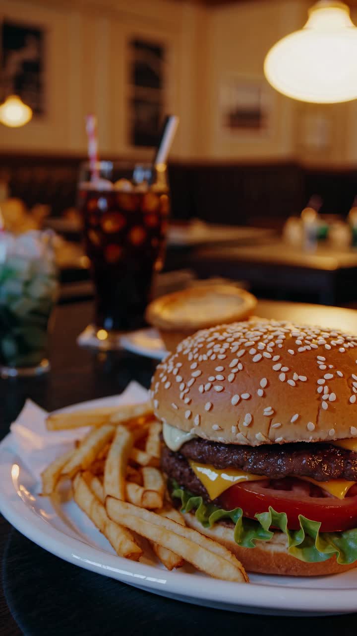 Close-up shot of a burger and fries on a table in a cozy diner setting, perfect for a food video