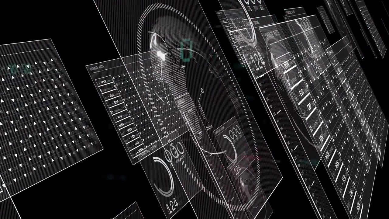 Viewpoint shifting right and forward, UI panels sliding, globe flare highlighting currency codes