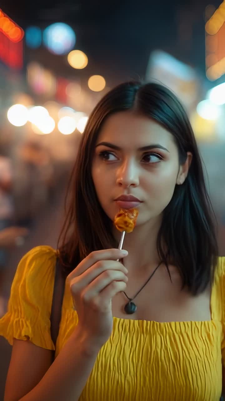 Vídeo vertical: mujer dibujando en un puesto y probando una brocheta en un mercado de neón, con una blusa amarilla