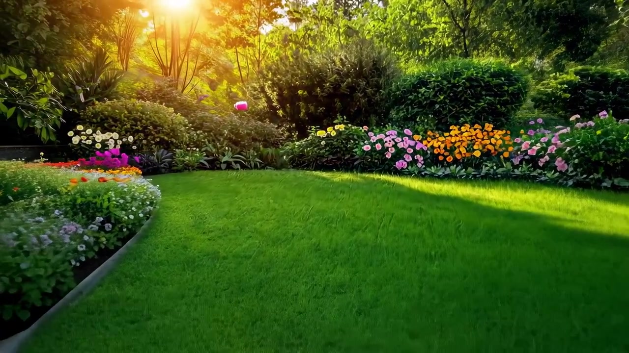 Bellissimo giardino con prato verde lussureggiante e fiori colorati sotto la luce del sole