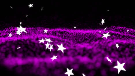 animación digital de múltiples iconos de estrellas que caen contra ondas digitales púrpuras sobre un fondo negro