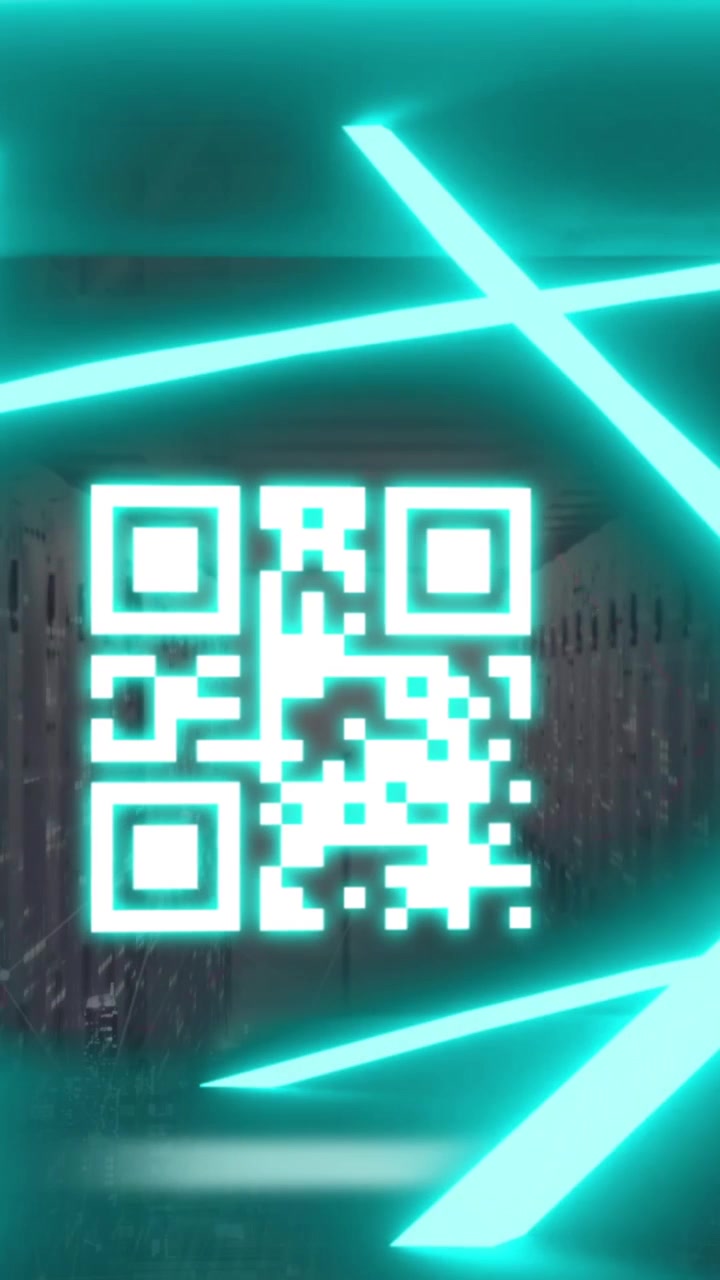 Animation of blue neon lines with qr code, data processing against server room