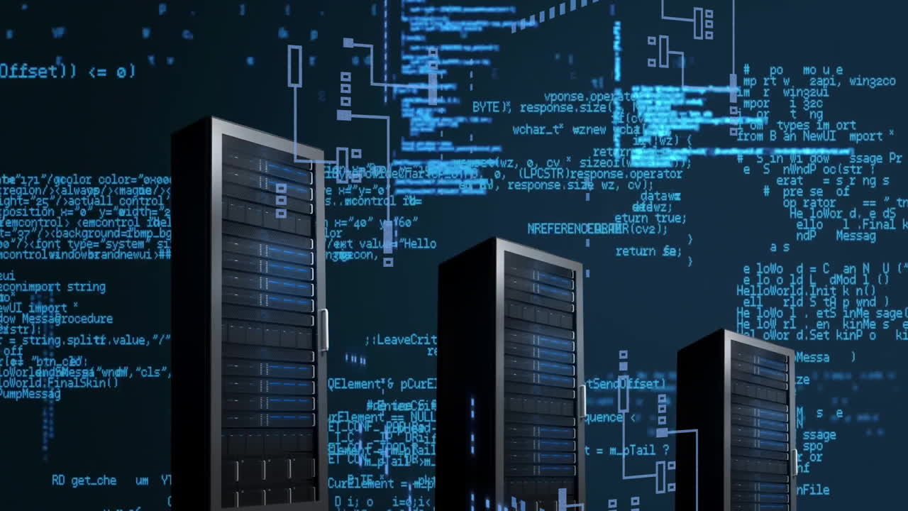Animation of data processing over servers on black background
