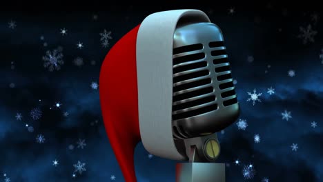 Animation-of-snow-falling-over-microphone-with-christmas-hat-on-dark-background