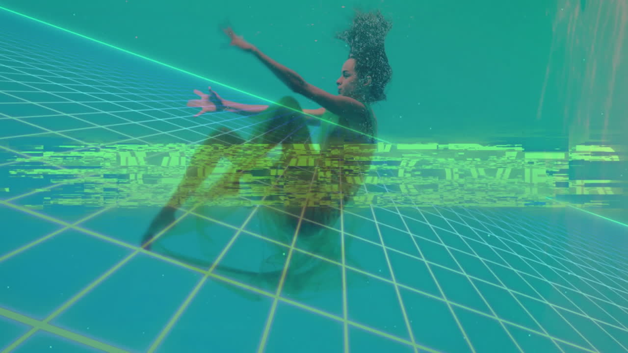 Person underwater with GAME OVER text animation over grid pattern
