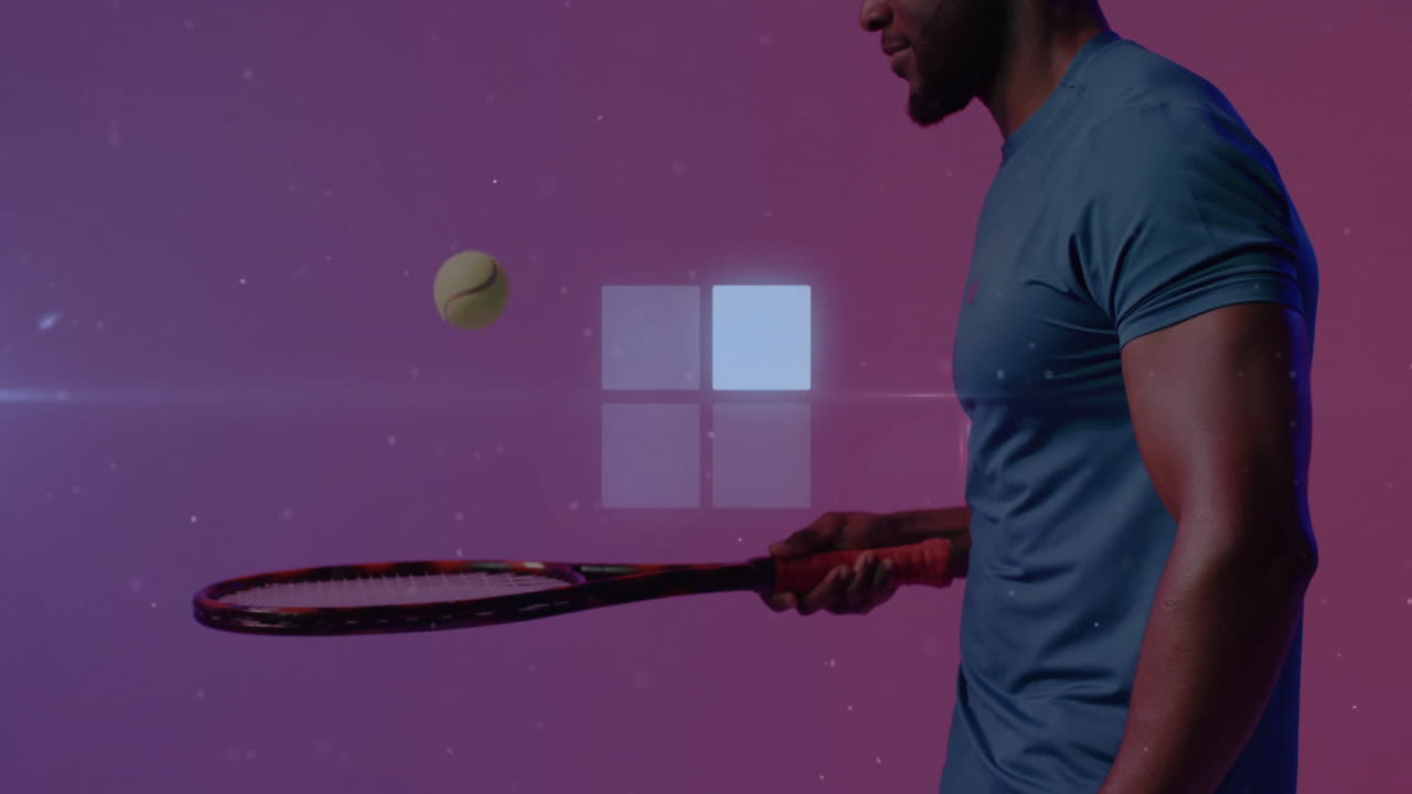 Man holding tennis racket bouncing ball against gradient backdrop, with health tech panels floating