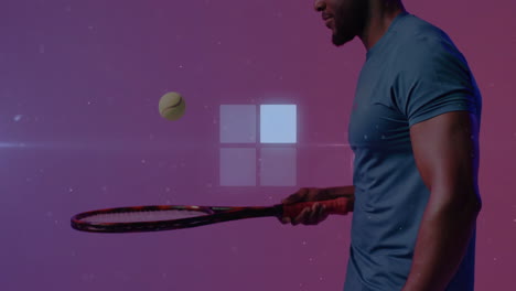 man holding tennis racket bouncing ball against gradient backdrop, with health tech panels floating