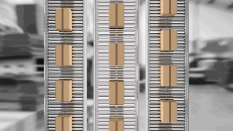 animation of cardboard boxes moving on conveyor belts over warehouse