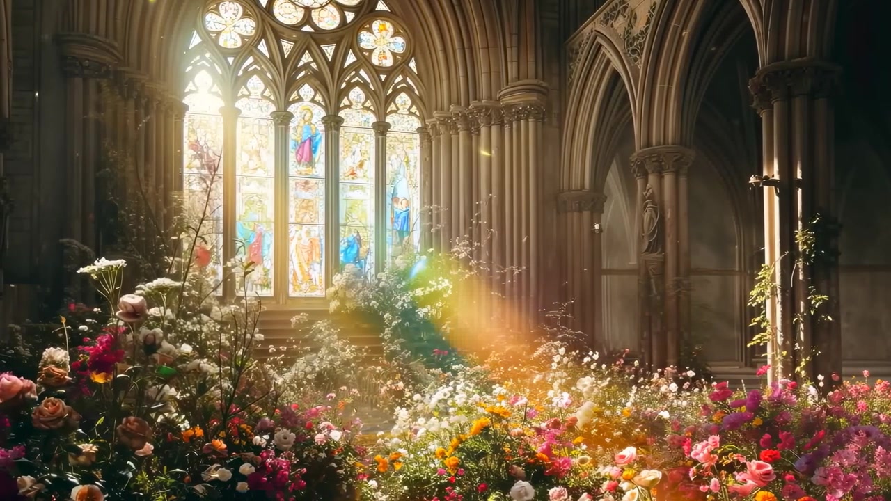 A luz do sol ilumina o interior de uma igreja gótica repleto de flores vibrantes