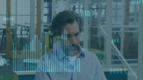 animación del procesamiento de datos financieros sobre el empresario caucásico en el cargo