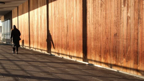 woman walking in the paved hallway with shadow on wooden wall