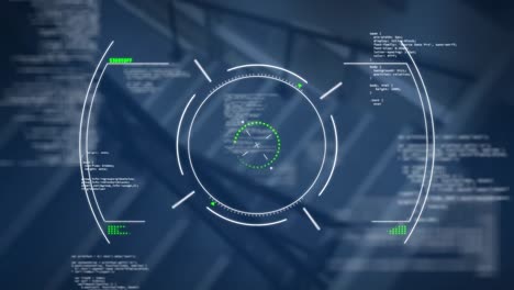 Animation-Von-Kreisen-über-Computersprache-Vor-Der-Draufsicht-Auf-Die-Treppe-Eines-Gebäudes