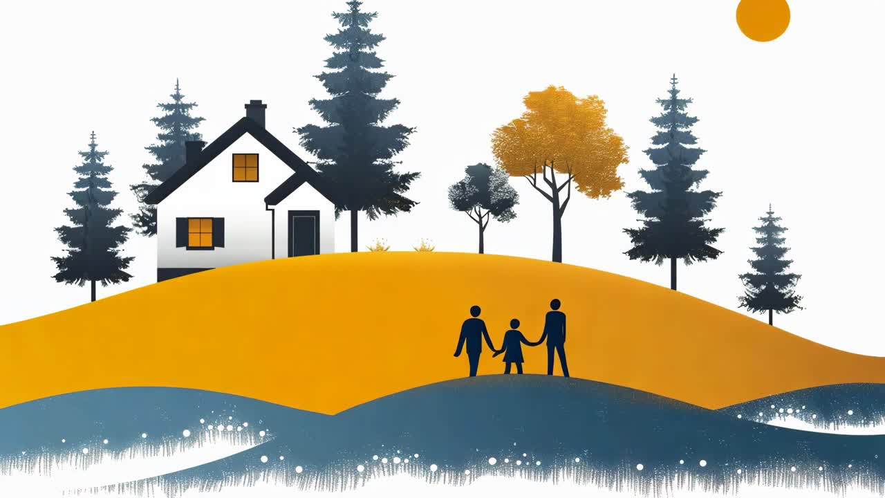 A family is walking on a hillside with a house in the background. Concept of warmth and togetherness, as the family enjoys their time outdoors