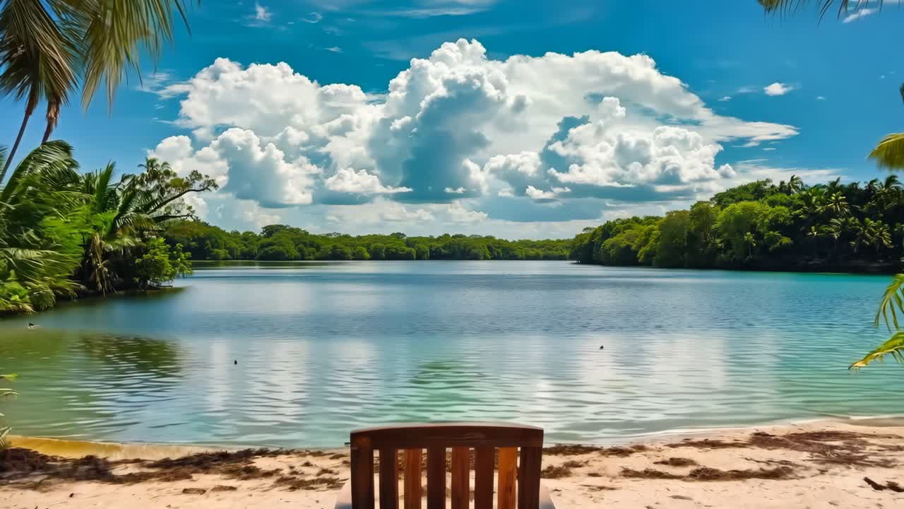 una silla de madera sentada en una playa de arena junto a un cuerpo de agua