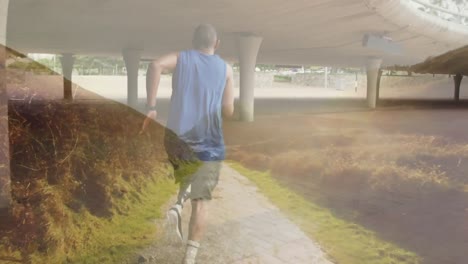 animation of landscape over disabled african american man with artificial leg running