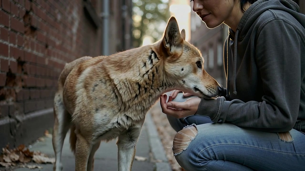 Offering treat, crouching woman wearing grey hoodie, jeans on alley feeding tan dog
