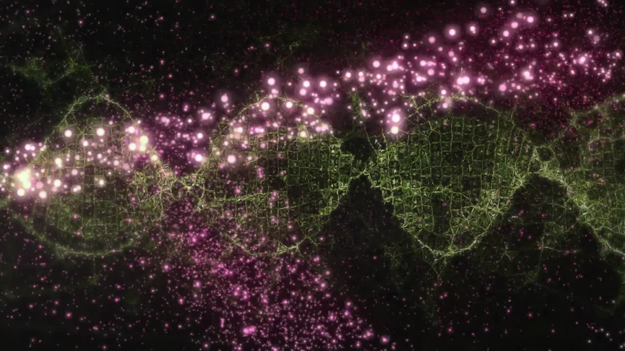 White point light appearing emitting pink stream arcing over green DNA helix, swirling then fading