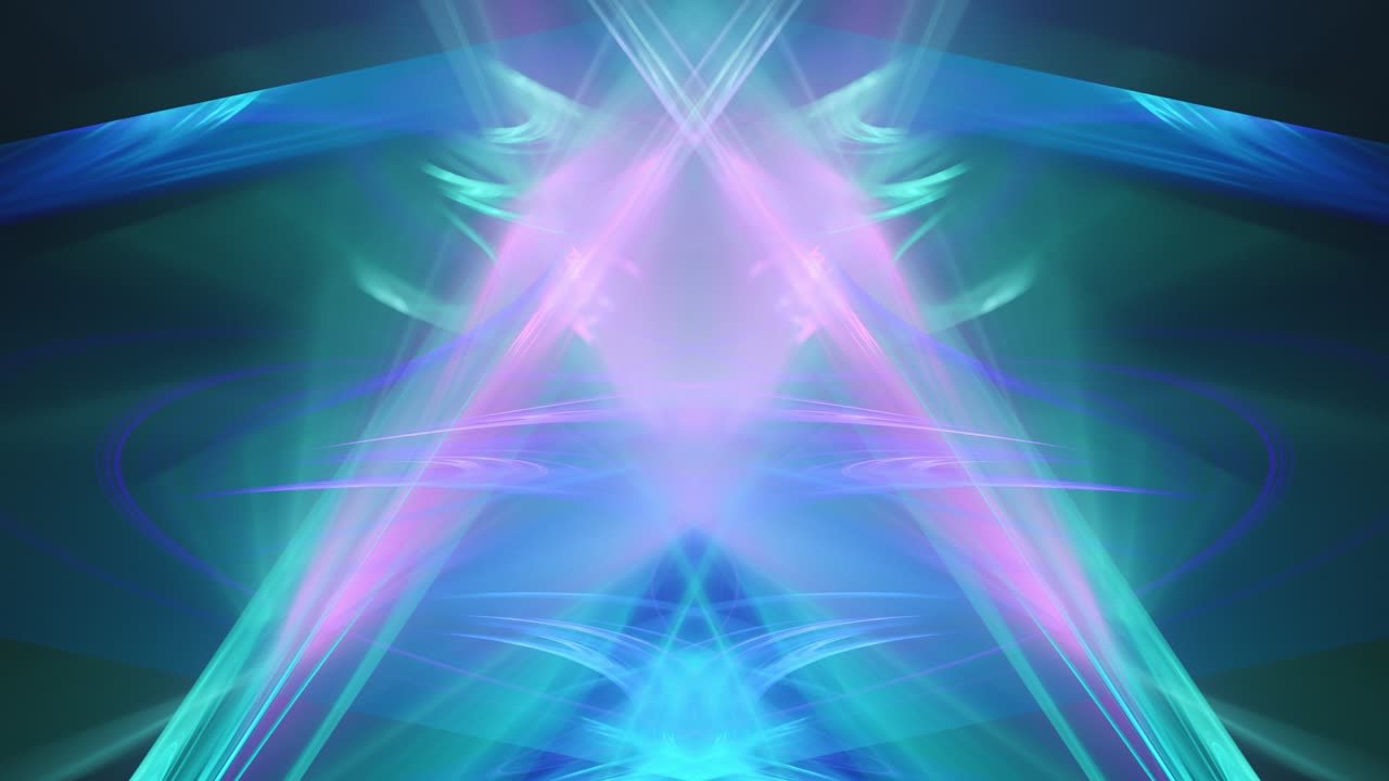 매끄럽게 반복되는 영적 미러 만화경, 파란색과 분홍색 패턴의 부드러운 파스텔 색조에서 깊은 감각의 편안한 기하학적 움직임