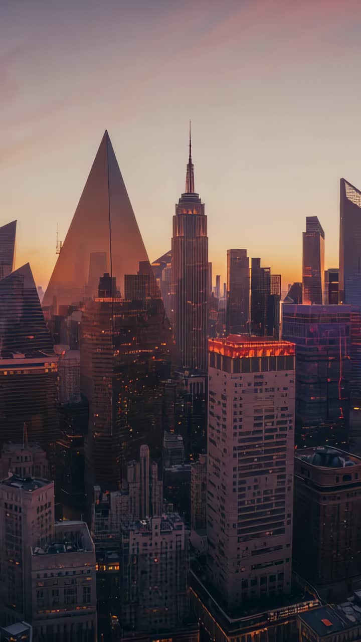 Video verticale: inquadratura del nucleo dello skyline al crepuscolo, guglia e piramide che si illuminano mentre il tramonto si intensifica