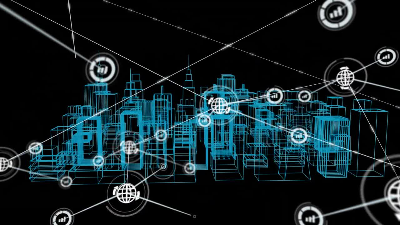 animación de la red de conexiones con iconos sobre el dibujo de la ciudad en 3d
