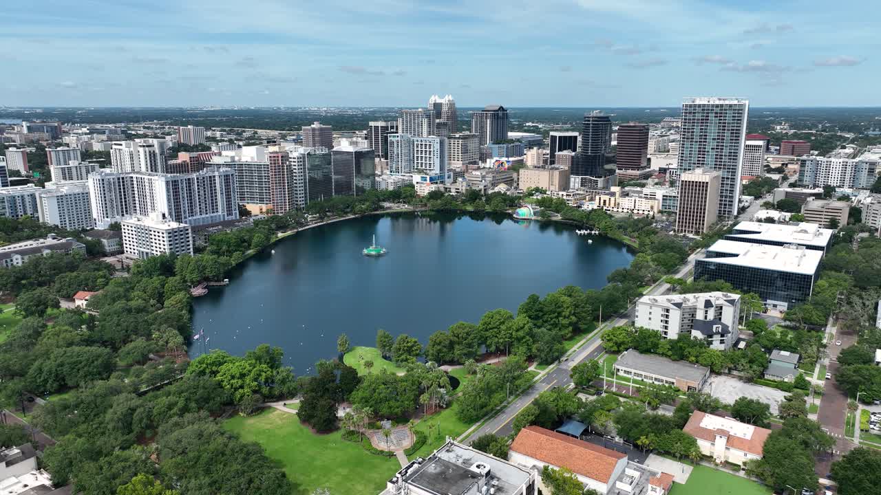 Scenic Aerial View Of Lake Eola Park In The Heart Of Downtown Orlando In Florida, United States