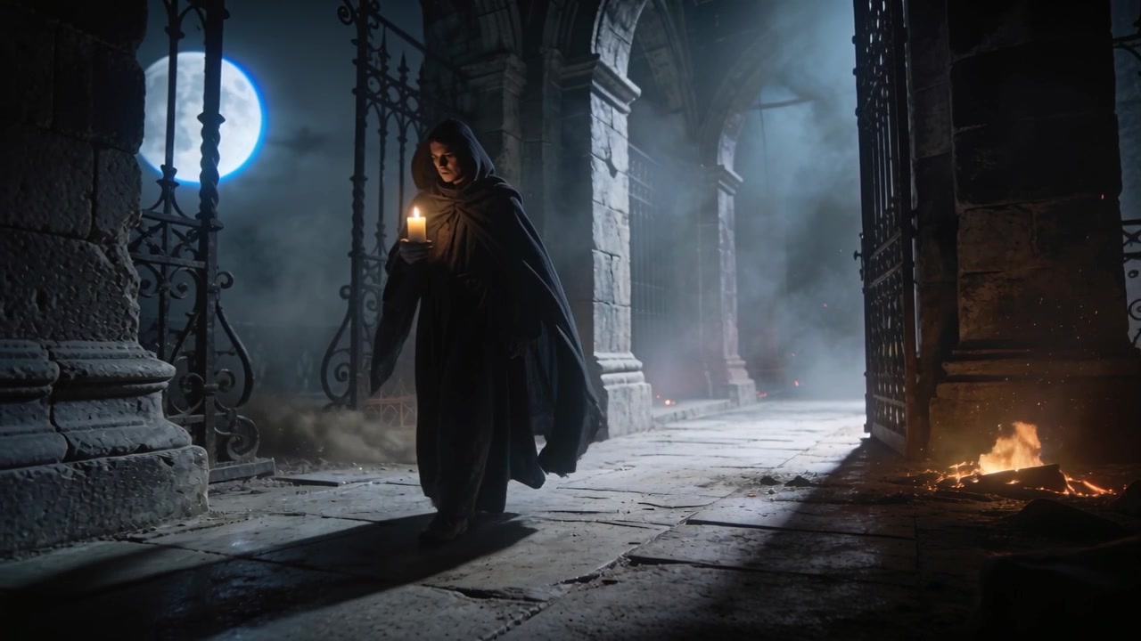 Una figura ammantata cammina tra le rovine tenendo una candela, seguendo il chiaro di luna attraverso un cancello di ferro per illuminare il percorso.