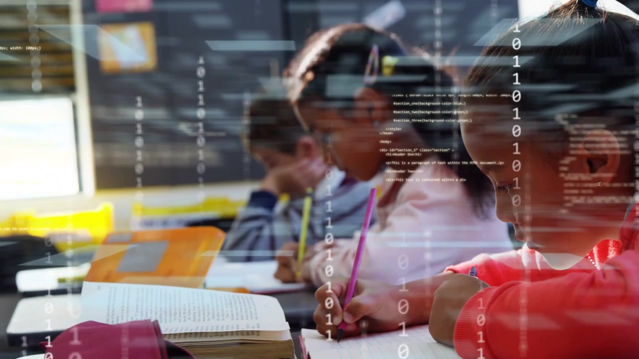 Front row girl writing in school with peers as binary code overlay appearing, showing tech learning