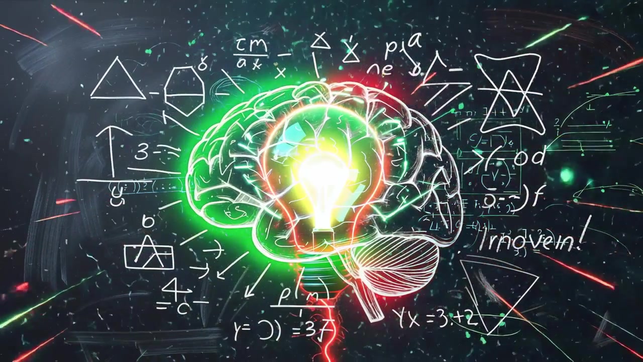 Radiating red-green pulses driving neon brain sketching chalk formulas on chalkboard for innovation