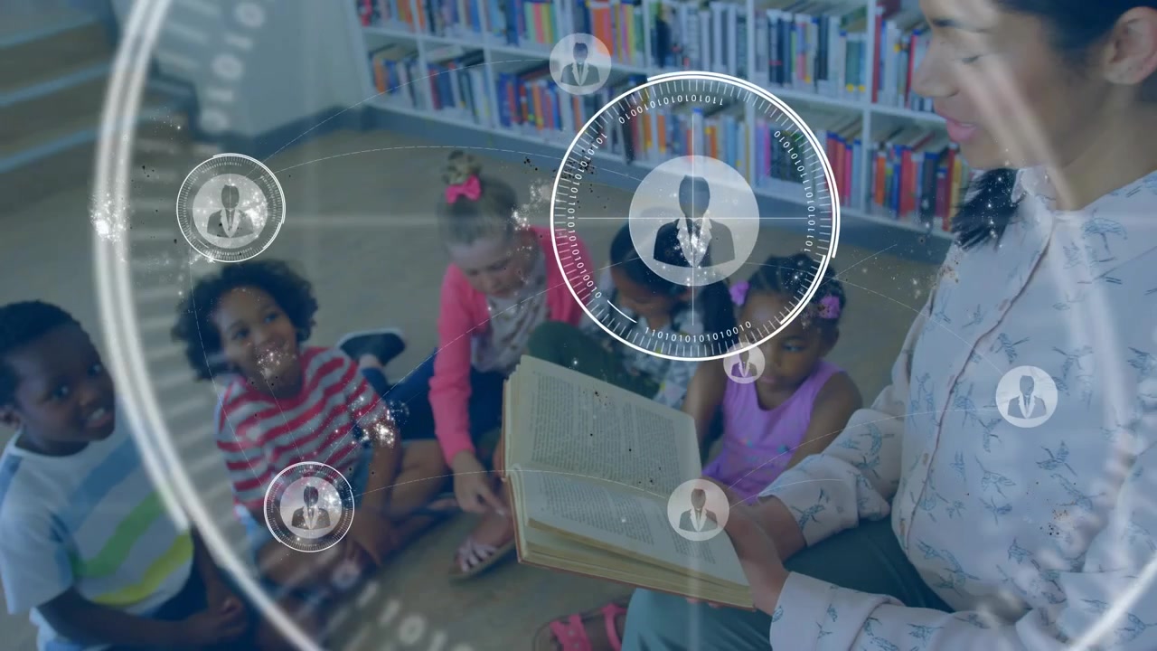 Teacher sitting reading book to children, fading user-icon starting expanding network over library
