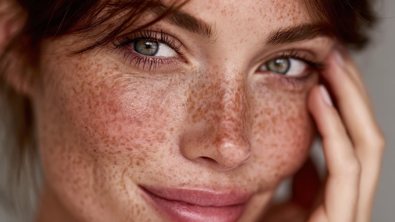 Un bellissimo primo piano di una giovane donna che mostra lentiggini naturali e un sorriso caloroso, enfatizzando i suoi occhi raggianti e la morbida texture della pelle.