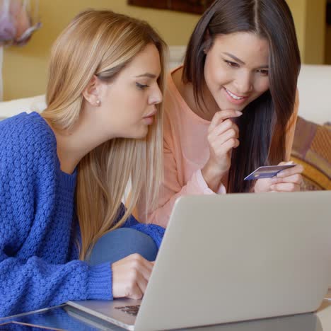 two women working on laptop in living room