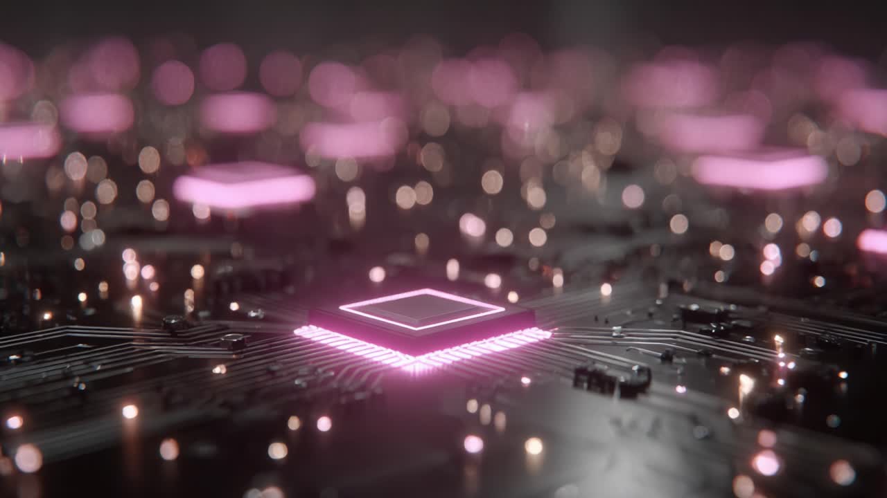 An Immersive Close-Up of a High-Tech Circuit Board Featuring Glowing Microchips and Intricate Patterns, Signifying the Future of Technology and Digital Innovation
