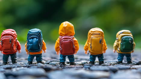 colorful miniature figures with backpacks in a lush outdoor setting